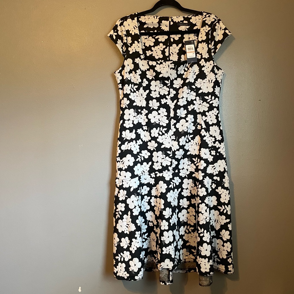 Nwt Tommy Hilfiger Sz 12 Floral Knit Fit And Flare Black Midi Dress Ret $134!